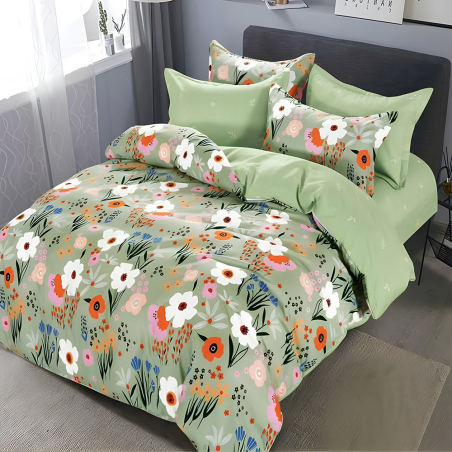 Двулицев спален комплект от 6 части с ластик - Цветна градина