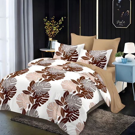 Двулицев спален комплект от 6 части без ластик - Кафяви палми