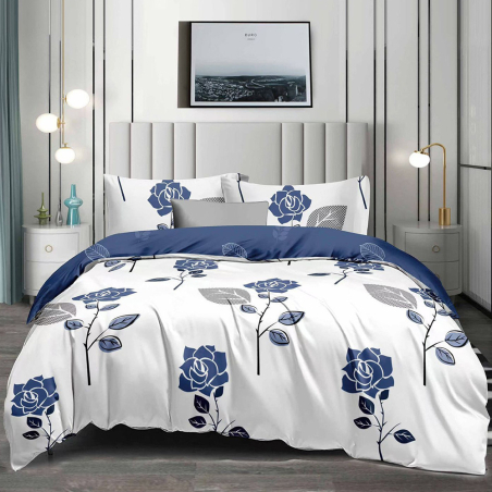 Двулицев спален комплект от 4 части без ластик (за приста) - Сини рози