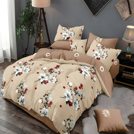 Двулицев спален комплект от 6 части с ластик - Бежови цветя