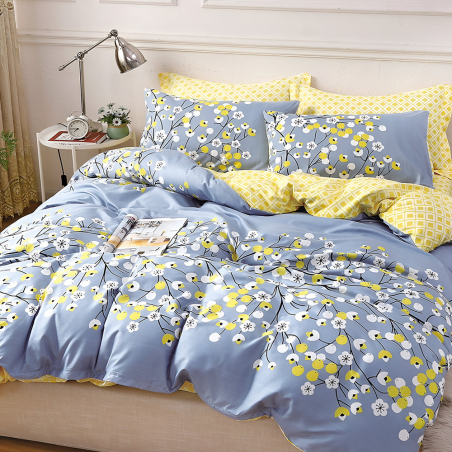 Двулицев спален комплект от 4 части с ластик (за приста) - Пролетни цветя