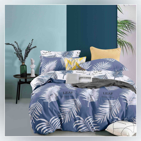 Двулицев спален комплект от 4 части без ластик (за приста) - Сини палми