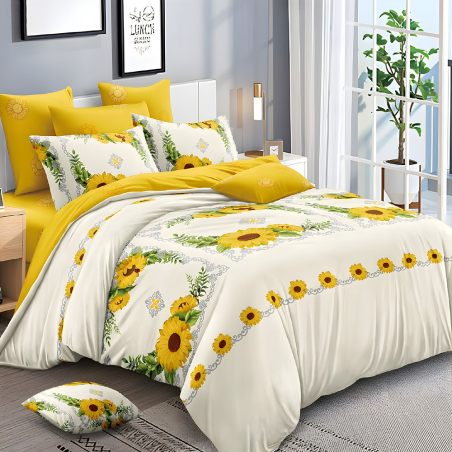 Двулицев спален комплект от 6 части с ластик - Слънчогледи