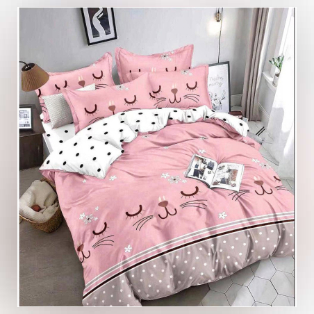 Двулицев спален комплект от 4 части без ластик (за приста) - Розово коте