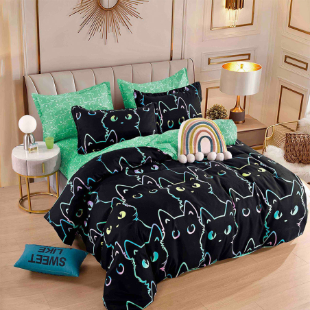 Двулицев спален комплект от 4 части без ластик (за приста) - Черно коте