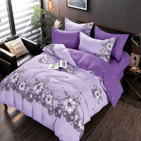 Двулицев спален комплект от 6 части с ластик - Лилави цветя