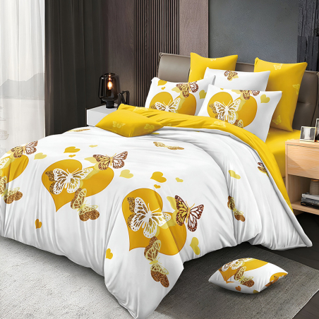 Двулицев спален комплект от 6 части с ластик - Жълти пеперуди