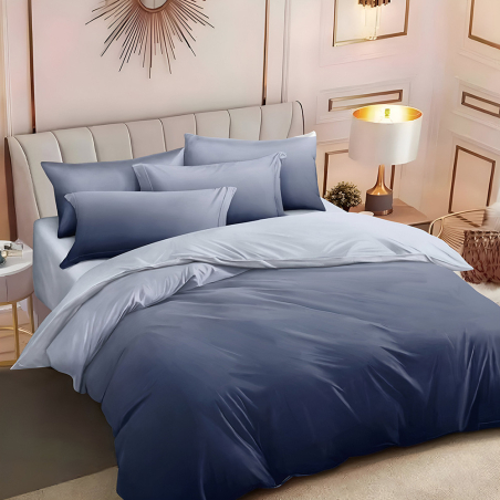 Двулицев спален комплект от 6 части с ластик - Преливащ тъмносин