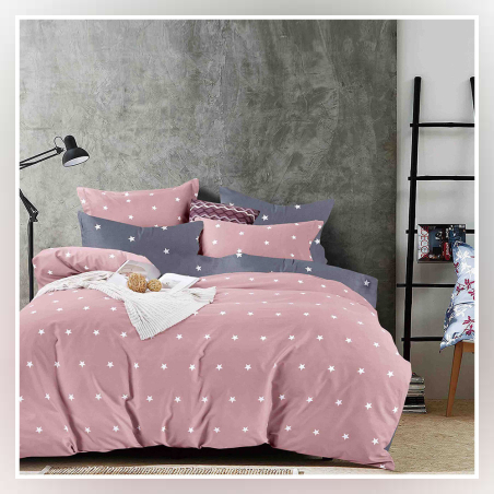 Двулицев спален комплект от 4 части без ластик (за приста) - Розови звезди