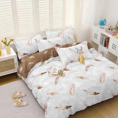 Двулицев спален комплект от 4 части с ластик - Бежови пера