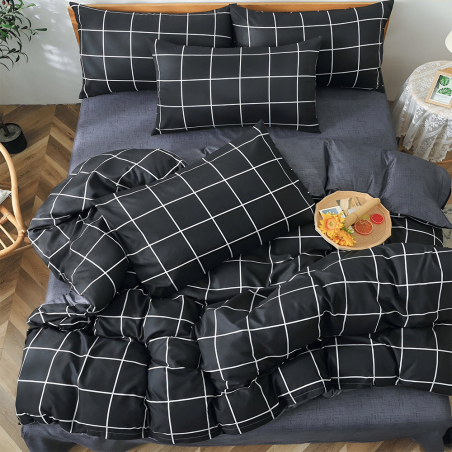 Двулицев спален комплект от 4 части с ластик (за приста) - Луксозно черно
