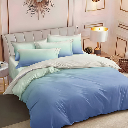 Двулицев спален комплект от 6 части с ластик - Преливащ син