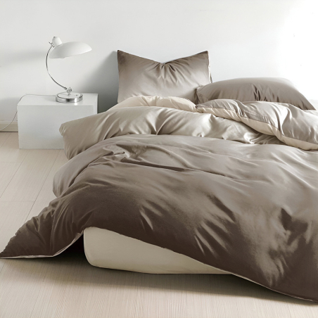 Двулицев спален комплект от 4 части с ластик (за приста) - Преливащ бежов