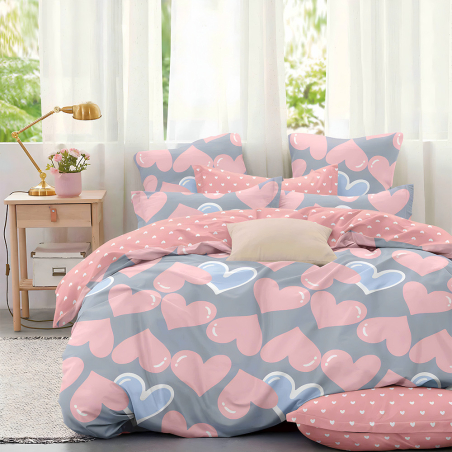 Двулицев спален комплект от 4 части без ластик (за приста) - Розови сърца