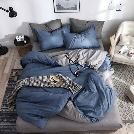 Двулицев спален комплект от 4 части без ластик - Син сив