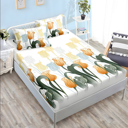 Спален комплект от 3 части с ластик - Оранжеви лалета