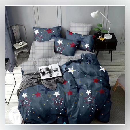 Двулицев спален комплект от 4 части без ластик (за приста) - Тъмносини звезди