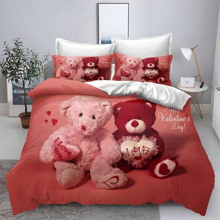 Двулицев спален комплект от 4 части без ластик (за приста) - Влюбени мечета