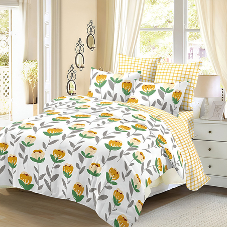 Двулицев спален комплект от 6 части без ластик - Жълти лалета