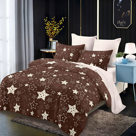Двулицев спален комплект от 6 части без ластик - Кафяви звезди