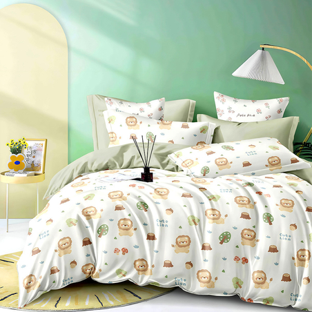 Двулицев спален комплект от 4 части без ластик (за приста) - Сладък лъв