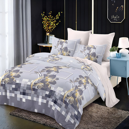 Двулицев спален комплект от 6 части без ластик - Сиви цветя