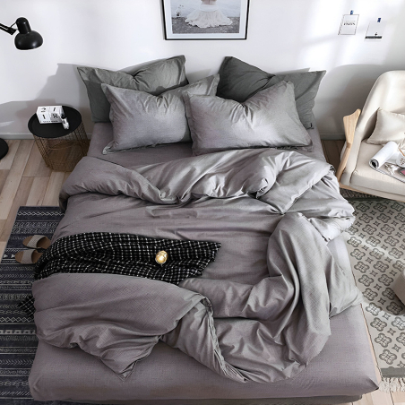 Двулицев спален комплект от 4 части с ластик (за приста) - Сив