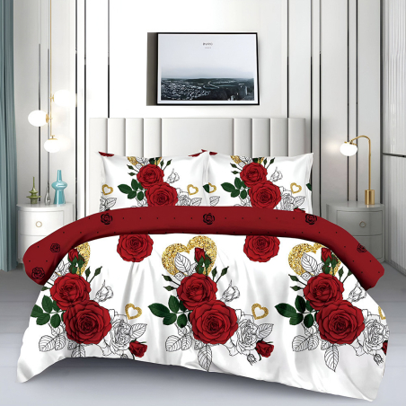 Двулицев спален комплект от 4 части без ластик (за приста) - Червена градина