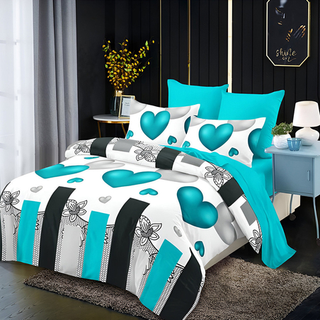 Двулицев спален комплект от 6 части без ластик - Сини сърца