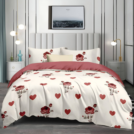 Двулицев спален комплект от 4 части без ластик (за приста) - Сърца и цветя