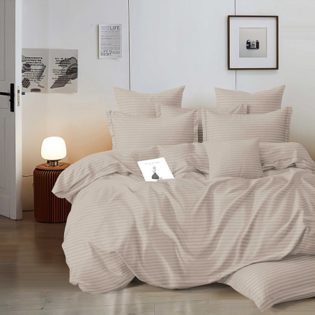 Едноцветен спален комплект от 6 части с ластик - Бежов