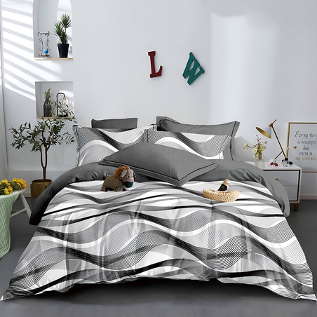 Двулицев спален комплект от 6 части без ластик - Сиви вълни