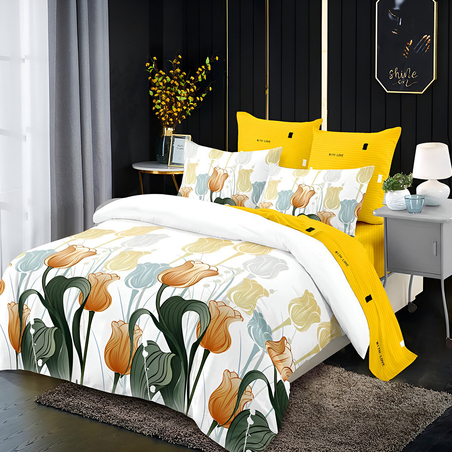 Двулицев спален комплект от 6 части без ластик - Жълта симфония
