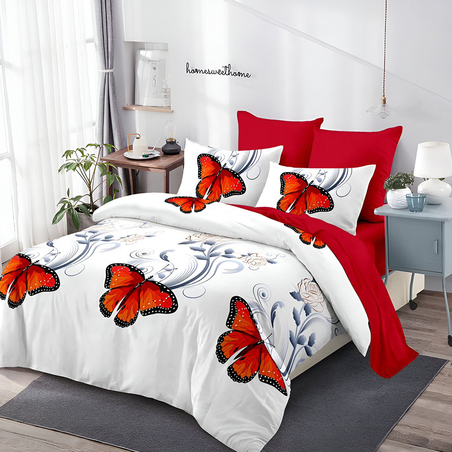 Двулицев спален комплект от 6 части без ластик - Червени пеперуди