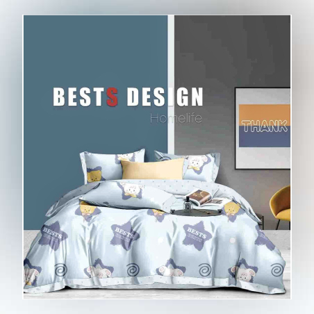 Двулицев спален комплект от 4 части без ластик (за приста) - Син мечо
