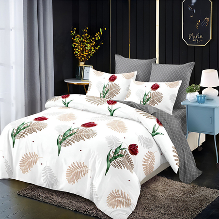 Двулицев спален комплект от 6 части без ластик - Червени лалета