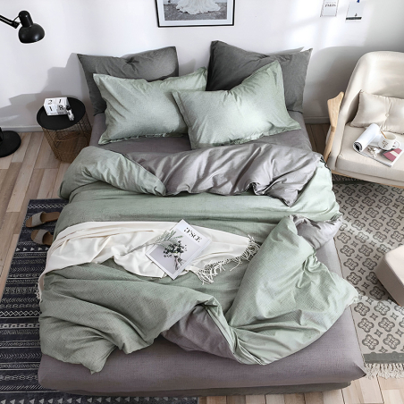 Двулицев спален комплект от 4 части с ластик (за приста) - Зелен сив