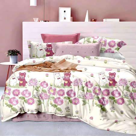 Двулицев спален комплект от 4 части без ластик (за приста) - Розово приятелство