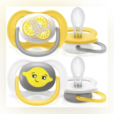 2 бр. ортодонтични залъгалки Ultra Air Happy 6-18м с декорация Лимони в кутия за стерилизиране