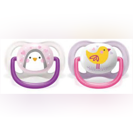 AVENT Залъгалки ULTRA AIR Happy + стерилизаторна кутия 0-6м 2бр./оп. - момиче - пингвин/птица