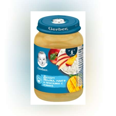 Gerber Десерт с ябълки, манго, праскова и извара, от 6-ия месец, 190g