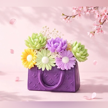 Букет от сапунени цветя декорирани в малка сладка чанта