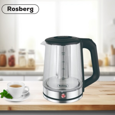 Електрическа стъклена кана Rosberg 2L, 1500W с филтър от неръждаема стомана