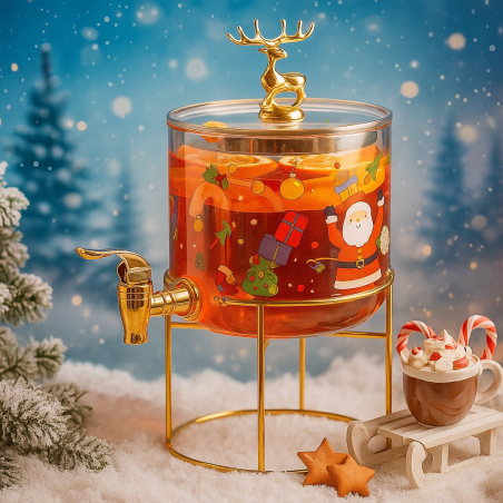 Стъклен диспенсър за напитки 2.6L с коледен дизайн и златиста стойка