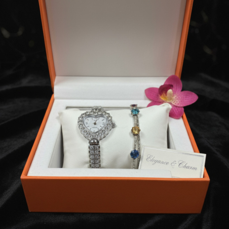 Сърцевиден дамски часовник с гривна и кристали – стил и практичност в кутия