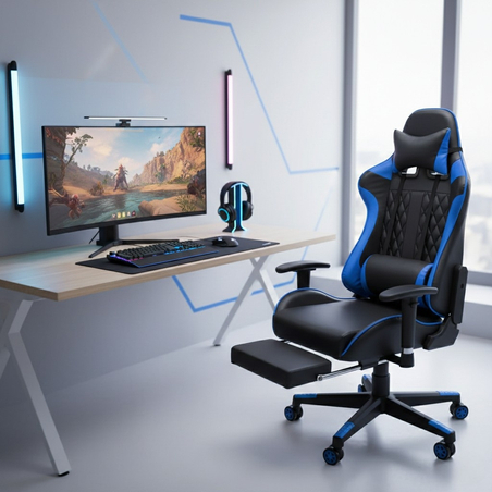 Геймърски стол за релакс с масаж и подложка за крака – син