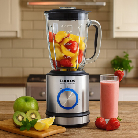 Блендер Taurus Optima Magnum 1200W с 1.75L стъклена кана, 5 скорости + турбо, 6-лопасни остриета от неръждаема стомана и LED осветление