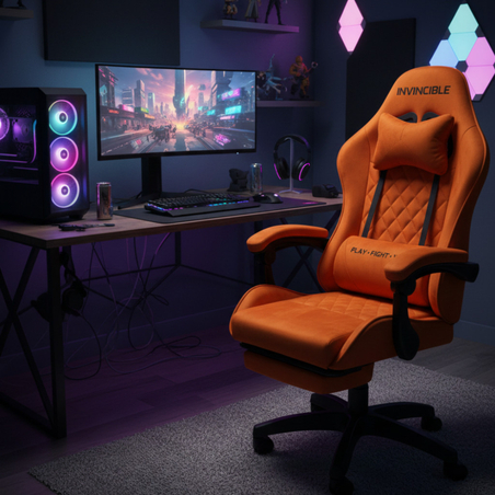 Оранжев велурен геймърски стол с поставка за крака – ергономичен с метална рамка