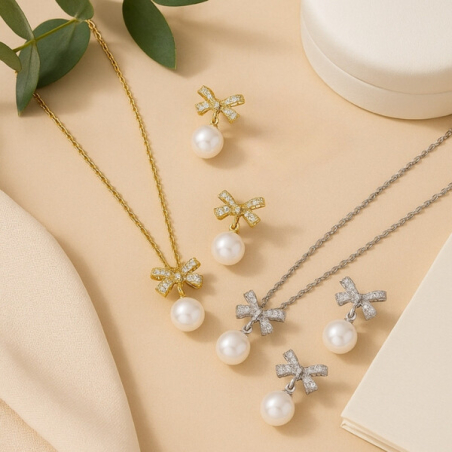 Комплект колие и обеци с перли и декоративни панделки – златисто или сребристо покритие, устойчив метал