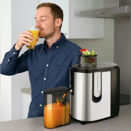 Сокоизстисквачка Taurus Liquafruits Pro Compact 600W с 2 скорости, 65 мм захранваща тръба, 1.2 л съд за пулпа и 0.35 л съд за сок, неръждаема стомана, LED осветление и система против капене